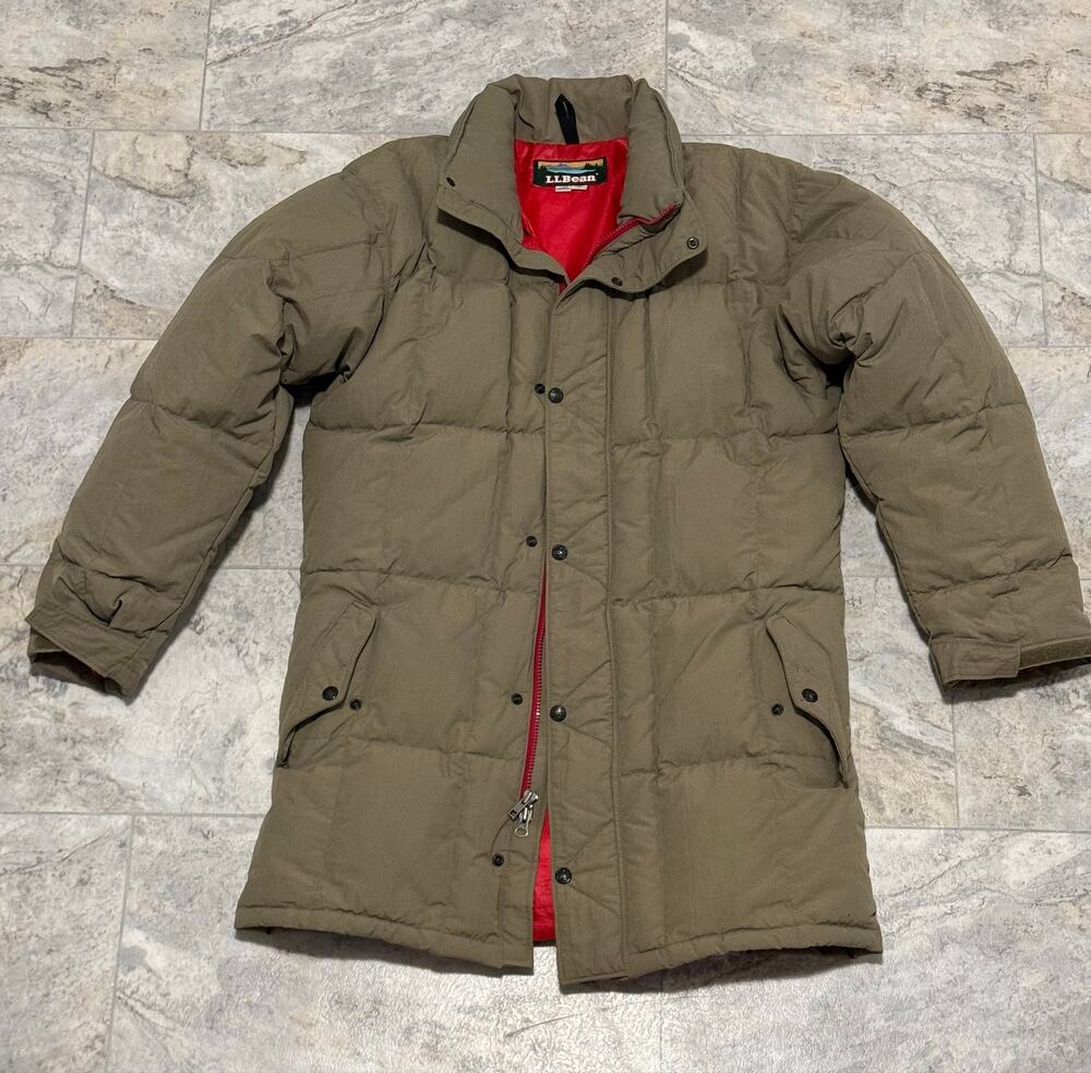 Vintage LL Bean Mens M Long Down Puffer Parka Coat Made USA Khaki Red Lining